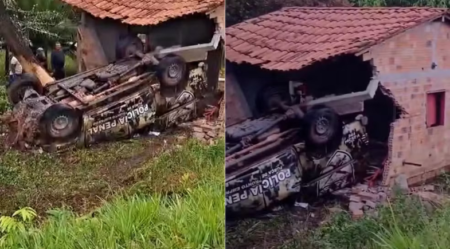 Viatura da Polícia Penal capota e atinge casa na zona rural de Bequimão